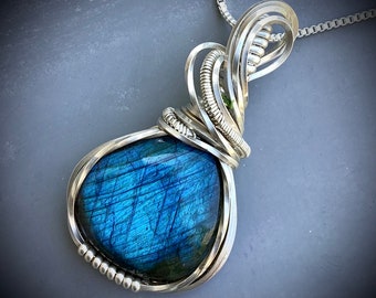 Blue Flashing Labradorite Sterling Silver Wire Wrapped Pendant // Labradorite Jewelry // RexWraps