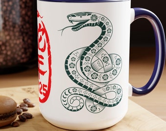 2025 Year of Snake Mug | Chinese Zodiac Boho Teal Green Snake Coffee Cup | Chinese New Year Gift, Coffee Mugs, 15oz