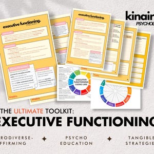May include: A set of educational resources on executive functioning, including worksheets and charts. The documents are predominantly yellow with pink highlights, featuring the text "executive functioning." The image also displays the text "THE ULTIMATE TOOLKIT: EXECUTIVE FUNCTIONING."