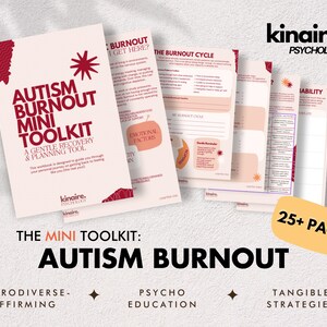 Może przedstawiać: Zestaw zeszytów zatytułowanych "Autism Burnout Mini Toolkit" z tekstem "A Gentle Recovery & Planning Tool". Okładka jest kremowa z bordowymi akcentami i wzorem gwiazdy. Obraz zawiera również tekst "25+ stron."