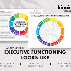 May include: Two worksheets titled "Executive Functioning Looks Like" with colorful circular diagrams. The top right corner features the "kinaire. PSYCHOLOGY" logo. The bottom text reads "Neurodiverse-Affirming", "Psycho Education", and "Exploring Identity".