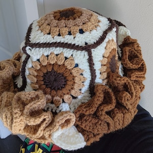 Crochet Sunflower Granny Square Ruffle Bucket Hat