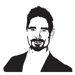 May include: Black and white illustration of a man with a beard and short hair, wearing a suit jacket.