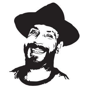 Può includere: Illustrazione in bianco e nero di una persona con un cappello e un sorriso. La persona ha la barba e i baffi.