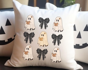 Ghost Reading Books Pillow, Teacher Librarian Halloween Gift, Halloween School, Coquette Pillow, Coquette Halloween, Books Lover Pillow
