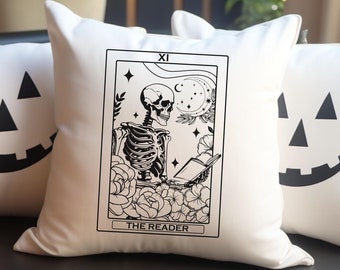 The Reader Tarot Card Front And Back Pillow, Skeleton Reading Pillow, Book Lover Gift, Tarot Card Pillow, Halloween Pillow, Spooky Season