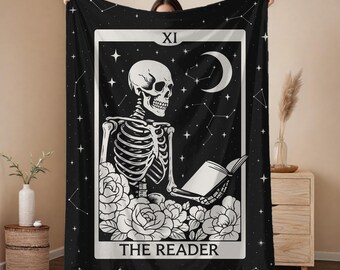 The Reader Blanket, Cozy Tarot Card Throw, Skeleton Reading Blanket, Soft Fleece Blanket, Gothic Home Decor, Unique Gift Throw
