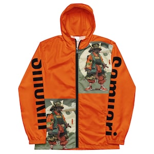 May include: Orange hooded jacket with a zipper closure. The jacket has a graphic print of a samurai on the front and the word "Samurai" printed on the sleeves.