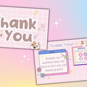 Biglietto da visita di ringraziamento Kawaii / Biglietto da visita di ringraziamento estetico rosa e bianco / Biglietto di ringraziamento Canva / Modello digitale