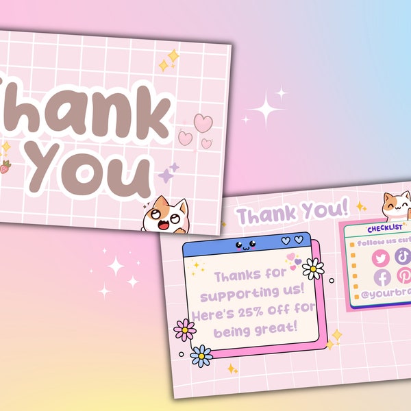 Kawaii Thank You Business Card | Aesthetic Pink & White Thank You Business Card | Canva Thank You Card | Digital Template