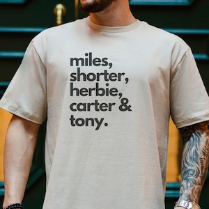 Camiseta del segundo quinteto, discos de vinilo, camiseta de jazz, quinteto de millas davis, wayne más corto, herbie hancock, ron carter, tony williams, camiseta de jazz