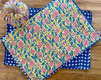 Reversible Quilted Cotton Placemats: Block Print Boho Table Decor, Set of 2