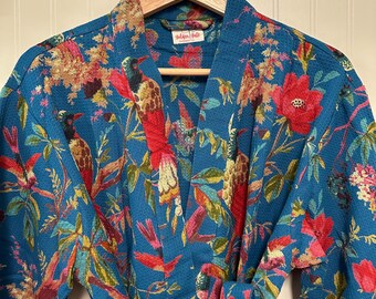 Bhoomi Bathrobe| 100% Hand Printed Waffle Cotton | kimono | Beach Cover Up | House Robe