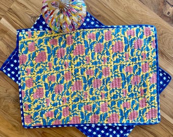Reversible Quilted Block Print Placemats: Cotton Boho Farmhouse Table Decor