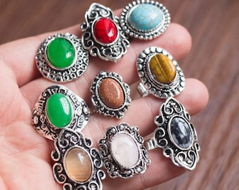Multi Color Natural Crystal Rings For Women Gemstone Vintage Rings, Multi Crystal Mixed Rings, Bulk Statement Rings, Assorted Rings ,