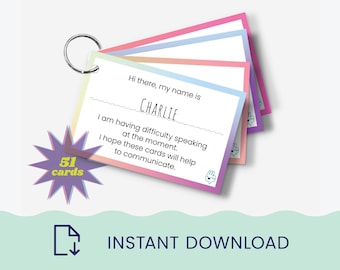 May include: A set of 51 communication cards with a pastel rainbow color scheme. The top card reads "Hi there, my name is CHARLIE. I am having difficulty speaking at the moment. I hope these cards will help to communicate."