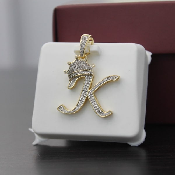 Real 10k Gold Genuine Diamond Crown 3D Initial letter Alphabet K Pendant- Hip hop pendant king Crown