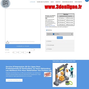 Puede incluir: Un sitio web para servicios de impresión 3D. El sitio web ofrece una variedad de materiales y acabados, y ofrece descuentos para pedidos al por mayor. El sitio web también presenta una ilustración de una impresora 3D.