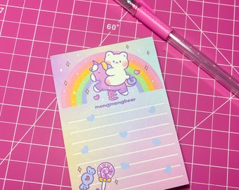 Magical Bear on Unicorn with Rainbow Notepad - Kawaii, Cute, Notebook, Memo, Notes, Stationary, Loose Leaf