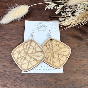 Engraved Flower Rounded Diamond Wood Earrings