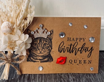 Happy Birthday Queen - Glamorous Wishes - Diamond Kitty Cat Card - Spoiled Rotten - High Maintenance - Girls Birthday - Mom Birthday Card