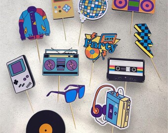 Retro cupcaketoppers uit de jaren 80: feestdecoraties, set van 12 inch