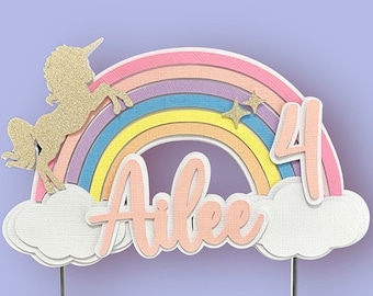 Gepersonaliseerde eenhoorntaarttopper | 3D-pastelregenboog, wolken