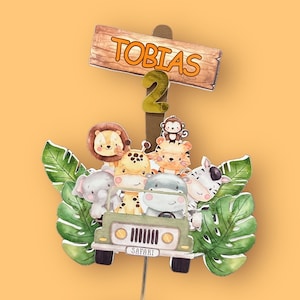Adorno de cumpleaños personalizado en 3D con temática de safari / Adorno con temática de jungla / Adorno para tarta con animales / Adorno para tarta de safari /