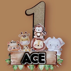 Adorno para tarta personalizado en 3D para primer cumpleaños con temática de safari y animales de la jungla