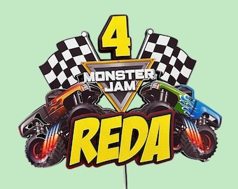 3D Monster Truck-taarttopper | Gepersonaliseerde racevlaggen