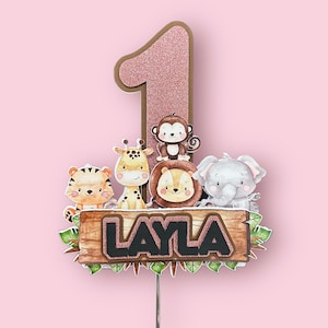 3D Personalised First Birthday Safari Themed Topper |Jungle Themed Topper | Animals Cute Cake Topper | Safari Cake | Pink Glitter Safari |