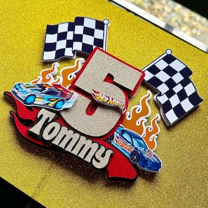 Adorno para tarta de ruedas en llamas personalizado para fiesta de cumpleaños de carreras