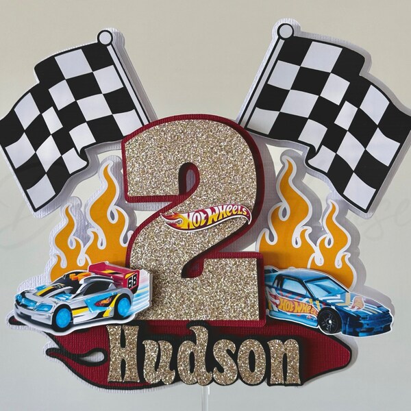 3D Personalised Flaming Wheels Cake Topper | Racing Cake Topper | Checkered Flags Cake Topper | Cars Cake Topper