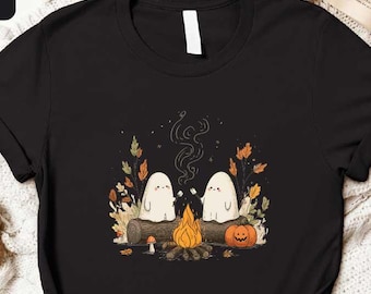 Halloween Ghost Campfire Shirt, Spooky Season Tee, Cozy Fall Vibes T-shirt, Halloween Camping Sweater, Halloween Night Shirt, Outdoors Gift