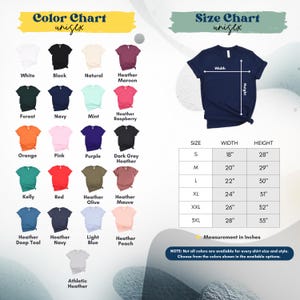 The image is a color chart and size chart for a variety of t-shirt designs, including different colors and sizes. The chart provides a visual representation of the available color options and corresponding measurements for each design.
