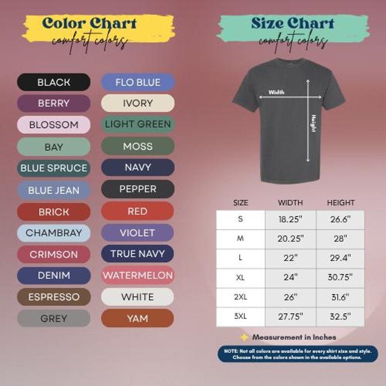 The image is a color chart and size chart for a t-shirt, providing a visual representation of various color options and corresponding measurements.