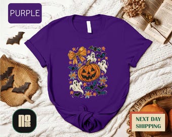 Coquette Bow Halloween Pumkin Shirt, Ghost Pumpkin Season Tee, Cute Spooky Fall Vibes Aesthetic T-Shirt, Girly Halloween Graphic Sweatshirt