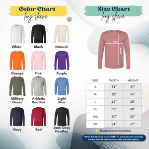 The image is a color chart and size chart for long sleeves, displaying various long sleeve shirts in different colors and sizes.