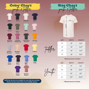 The image is a color chart and size chart for youth and toddler clothing, displaying various shirt colors and corresponding measurements for different age groups.