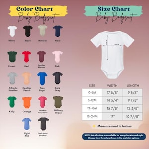 The image is a color chart and size chart for a baby bodysuit, displaying various color options and corresponding measurements.