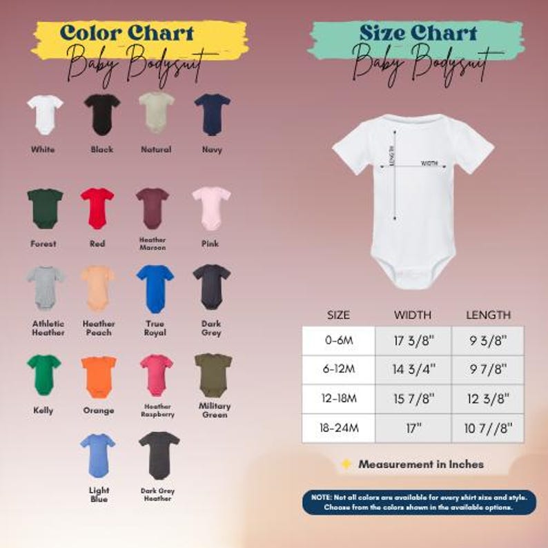 The image is a color chart and size chart for a baby bodysuit, displaying various color options and corresponding measurements.