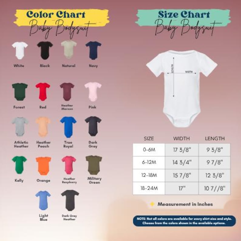 The image is a color chart and size chart for a baby bodysuit, displaying various color options and corresponding measurements.