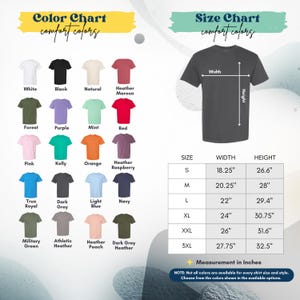 The image is a color chart and size chart for a variety of t-shirt colors and sizes. The color chart displays the different comfortable colors, while the size chart provides the corresponding width, height, and style measurements for each color.