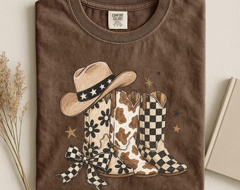 Comfort Colors Western Cowgirl Boots Shirt, Cute Rodeo Gift Sweatshirt, Cowgirl Bow Boots Tee, Western Girl Apparel, Country Woman Shirt