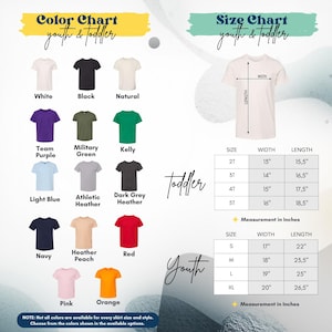 The image is a color chart and size chart for youth and toddler clothing, displaying various shirt colors and corresponding measurements for different age groups.
