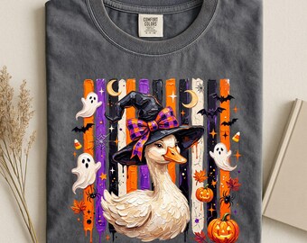 Comfort Colors Halloween Witch Goose Shirt, Witchy Pumpkin Bow T-Shirt, Cute Spooky Season Gift for Women, Cute Witchy Goose Shirt