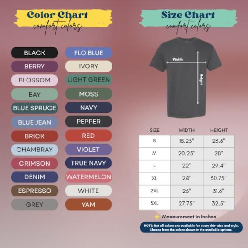 The image is a color chart and size chart for a t-shirt, providing a visual representation of various color options and corresponding measurements.
