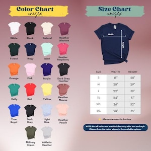 The image is a color chart and size chart for an unisex t-shirt. The color chart displays various color options, including white, black, natural, maroon, mint, raspberry, forest, navy, orange, pink, purple, dark grey, light blue, yellow, red, kangaroo, and military green. The size chart provides measurements for different shirt sizes, such as S, M, L, XL, and XXL, along with corresponding widths and heights.