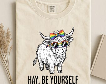 Hay Be Yourself Cow Comfort Colors Shirt, Cow Rainbow Sunglasses Graphic Tee, Pride Humor Top, Equality Animal T-Shirt, LGBTQ Quirky Gift