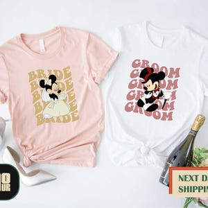 Disney Bride And Groom Shirt, Mickey Groom T-shirt, Minnie Bride Sweatshirt, Disneyland Honeymoon Trip Sweater, Wedding Gift, Mrs And Mr Tee